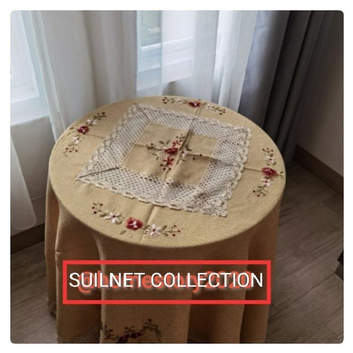 TAPLAK MEJA MAKAN BULAT KAIN KATUN RAJUT SULAM 180CM-225CM 6-8 KURSI