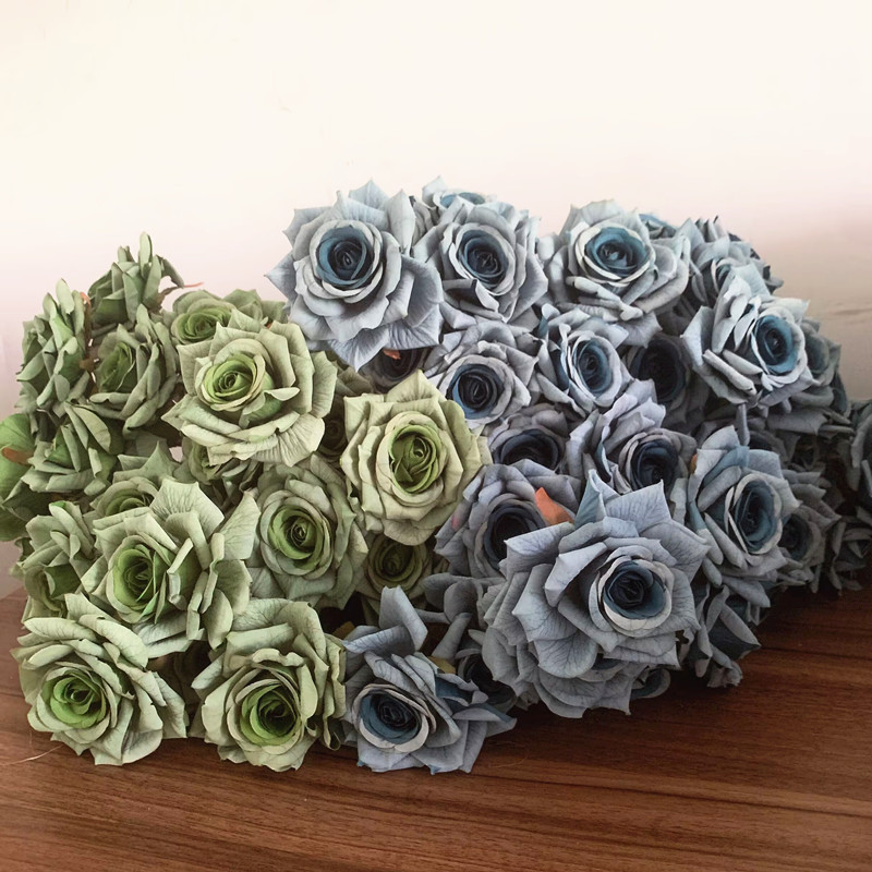 7Heads Roses Bouquet Artificial Flower Haze Blue Sage Green Bean Paste Green Fake Rose Retro Living