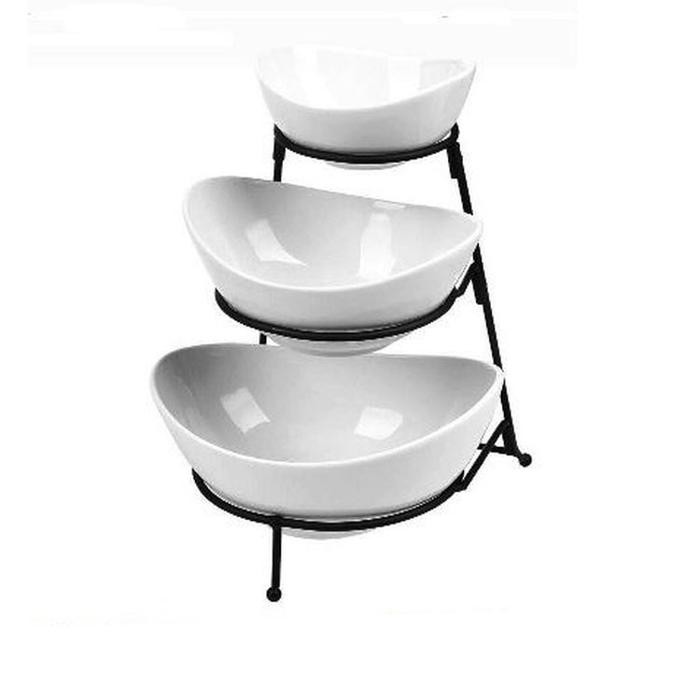 Mantab Homeline Mangkok Oval Set Susun 3 Keramik Putih + Rak Gbc-34