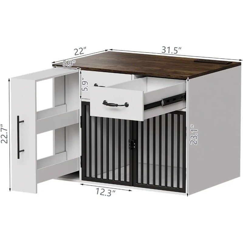 Wooden Indoor Dog Crate, 31.5 Inch Heavy Duty Kennel with Doors & USB Charger, Modern Farmhouse