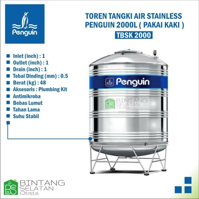 Terlaris Toren Tangki Air Ss Penguin 2000L Tbsk 2000 ( Pakai Kaki)