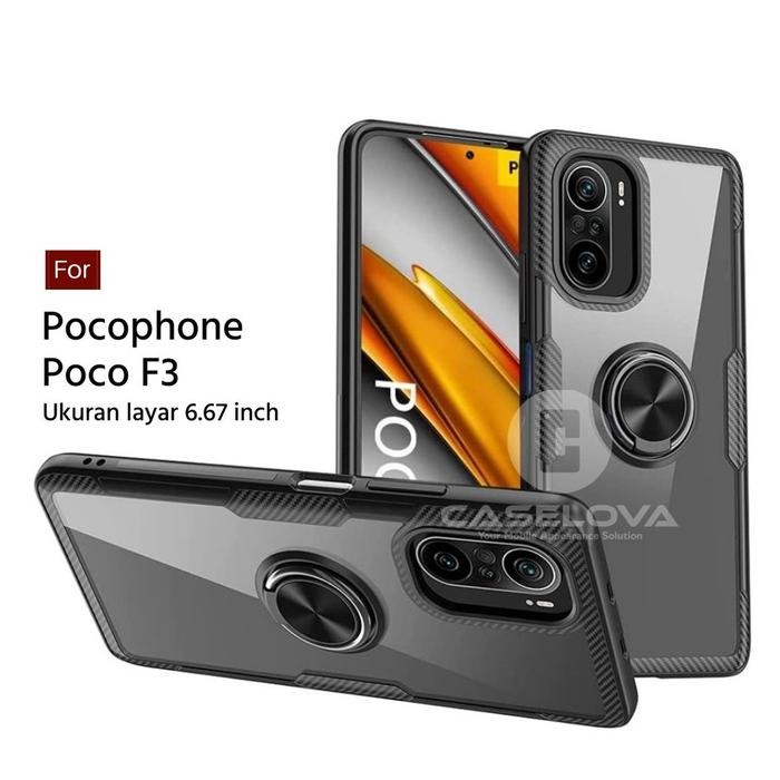 (Allthebest) Case Pocophone POCO F3 Hardcase Invisible Ring Transparent Kickstand