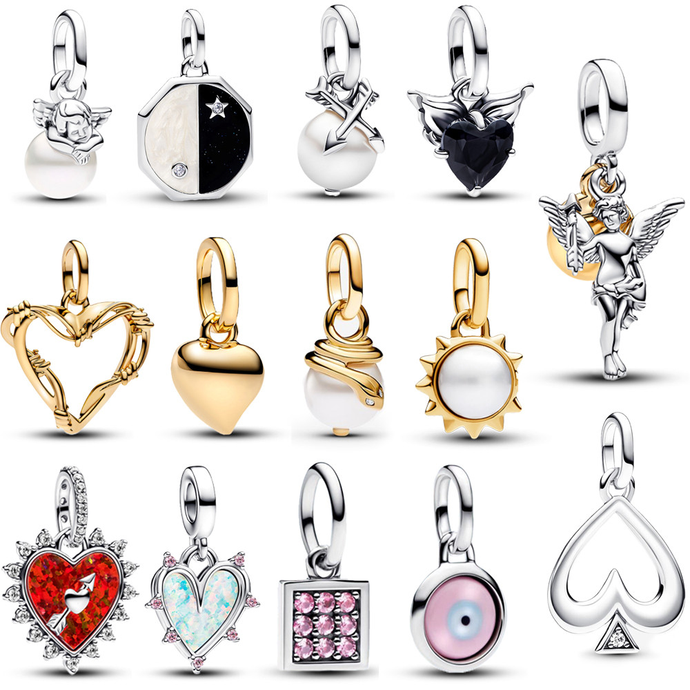 Classic Gold Wire Heart & Sparkling 925 Sterling Silver Pearl Angel Dangle Charm For DIY Women