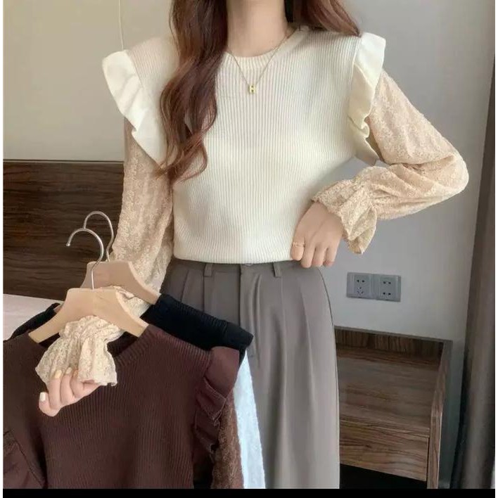 (Allthebest) WEWEE Kenji Blouse mewah elegan 2024 ala korea Outer Wanita Atasan Bulu Knitwear