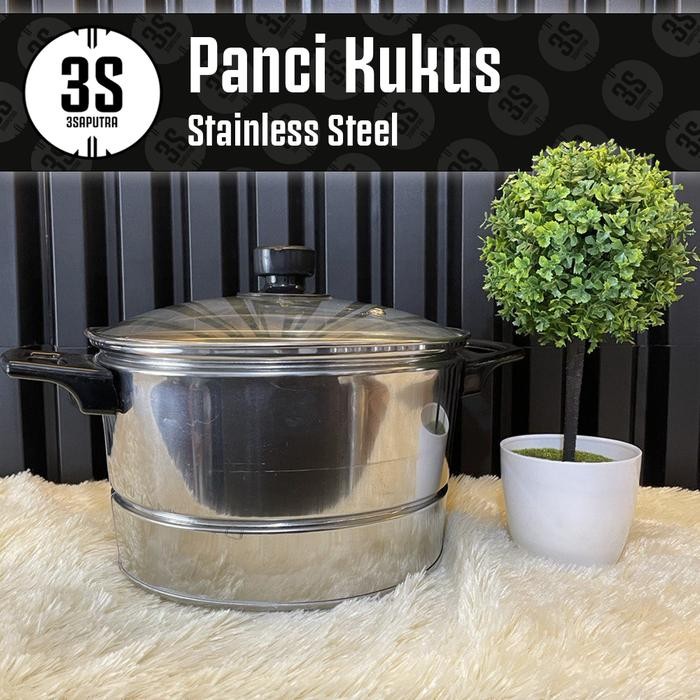 PREMIUM PANCI STAINLESS STEEL KUKUS STEAMER NASI 22 CM TUTUP KACA BERAS 1,5 KG