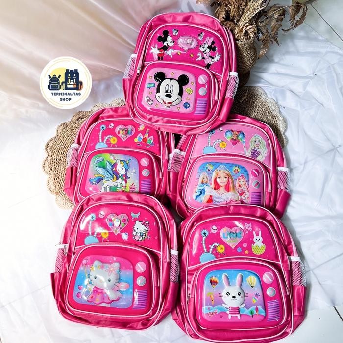 Tas Anak Karakter Perempuan SD Hello Kitty Rabbit Mickey Mouse Unicorn Barbie 3D Ber LED Tas