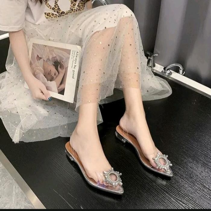 BEST SELLER Sandal Hak kaca Wanita Transparant motif bunga Matahari sepatu pesta