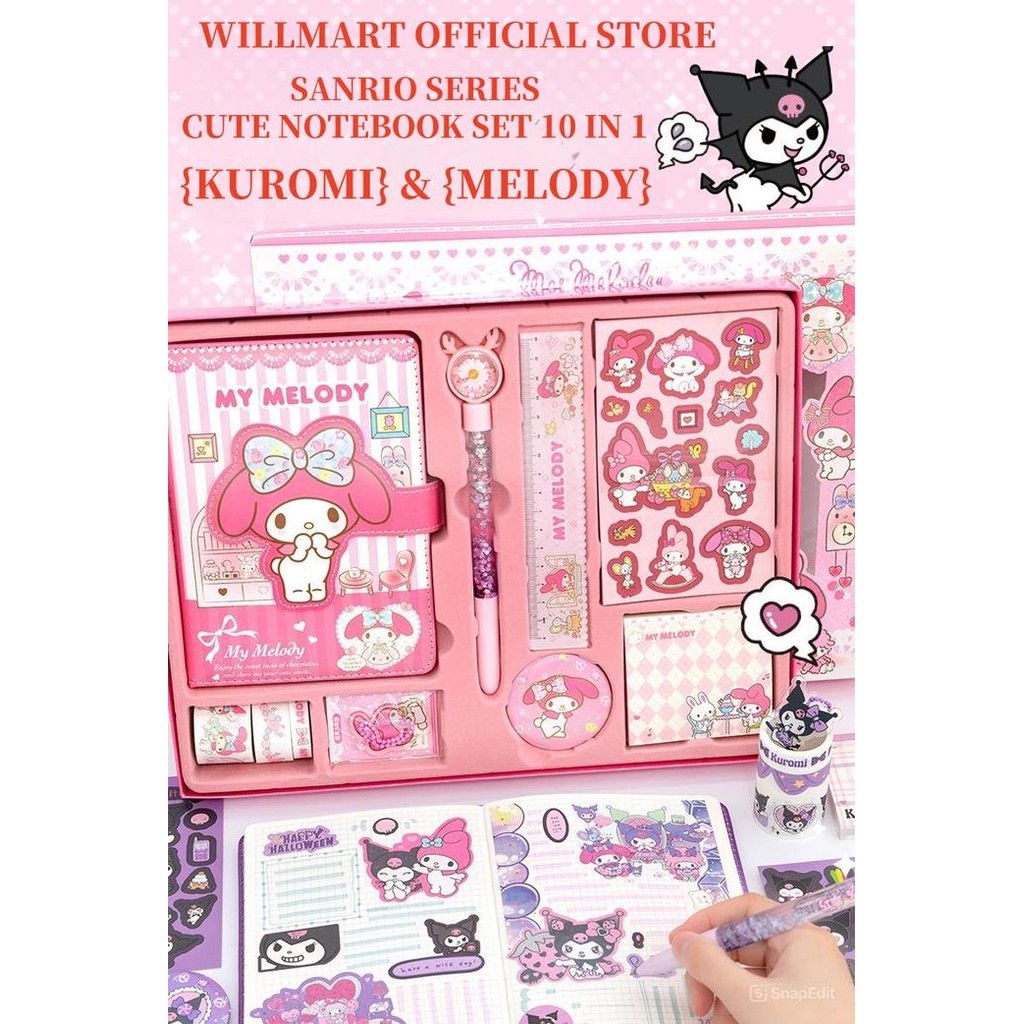

SANRIO LUXURY NOTEBOOK FULLSET 9 IN 1 GIFT BOX /DIARY GIFT BOX KUROMI & MELODY /NOTEBOOK KUROMI SET