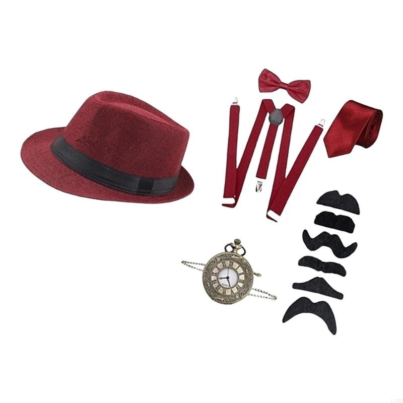 L4ME 1920s Mens Costume Fedoras Hat Suspenders Bowtie,Suspenders Moustache Beard Halloween Cosplay