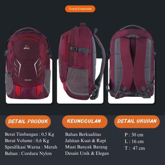 Tas Ransel Elbrus Vancouver / Tas Ransel Pria Wanita / Tas Traveling
