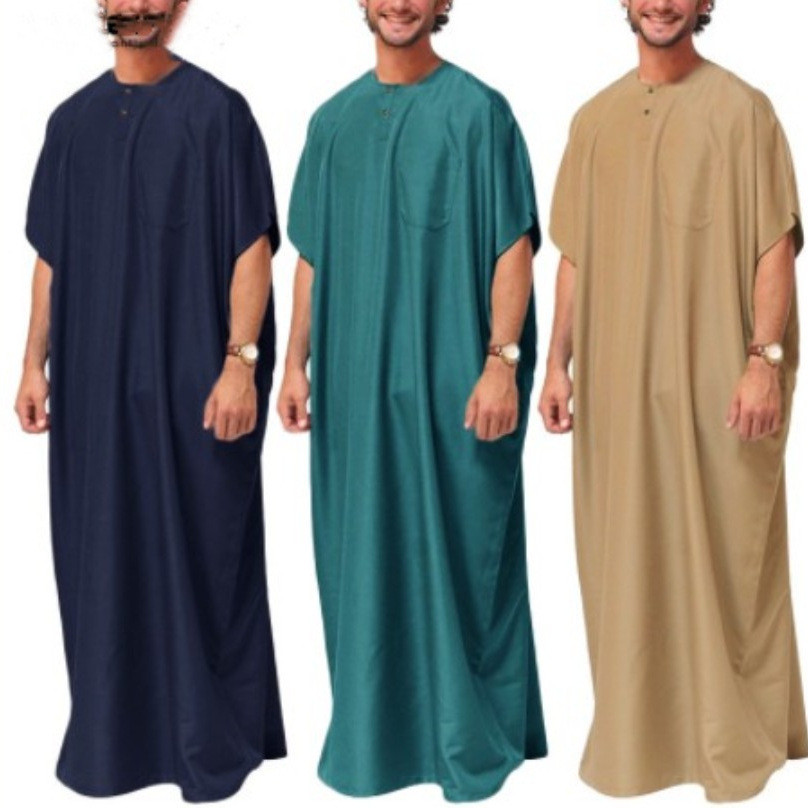 Men's Muslim Jubba Thobe Solid Color Casual Loose Robe Men Kaftan Abaya Islamic Clothing Prayer Dres