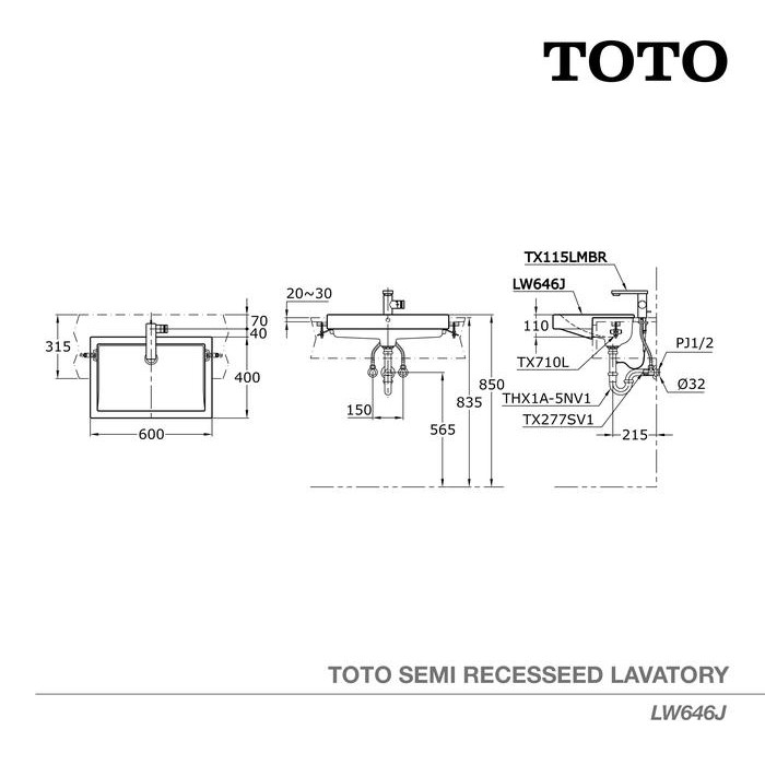 TOTO Semi Recessed Lavatory / Wastafel LW646J