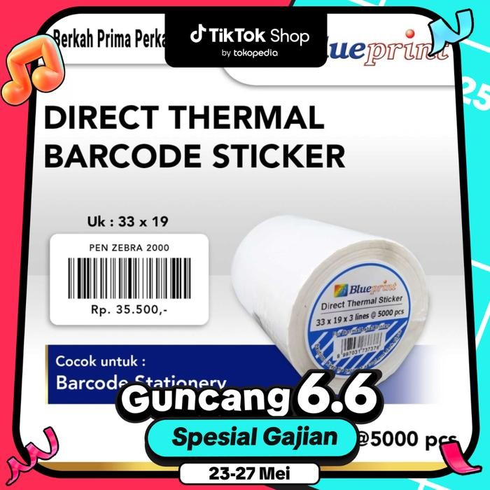 

Direct Thermal Sticker Label Barcode BLUEPRINT 33x19 mm 3 Line 5000pcs Roll Stiker