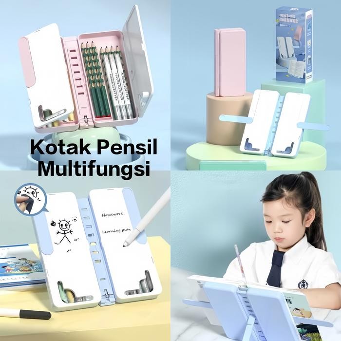 

Kotak Pensil Lipat Multifungsi Dengan Papan Tulis Dan Tatakan Buku / Tempat Pensil Serbaguna / Kotak