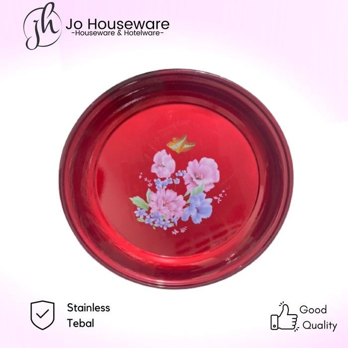 Nampan stainless steel bulat diameter 45 cm / baki bulat bunga merah - Not Specified
