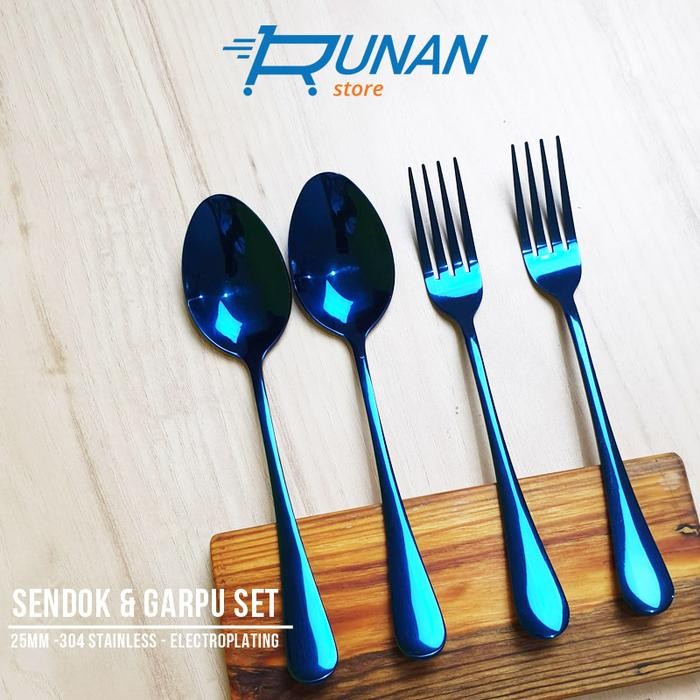 Sendok Garpu Korea Set Sendok Makan Stainless Steel Warna Biru Blue