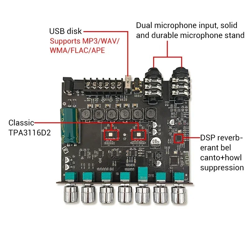 TPA3116D2 Digital Bluetooth Audio 2.1 Stereo Amplifier with Microphone Connection Subwoofer
