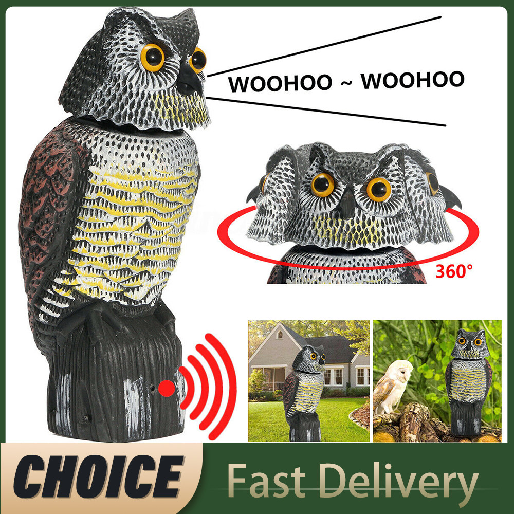 Fake Owl Decoy Plastic Owl Scarecrow Sculpture with Rotating Head and Sound for Garden Yard Bird