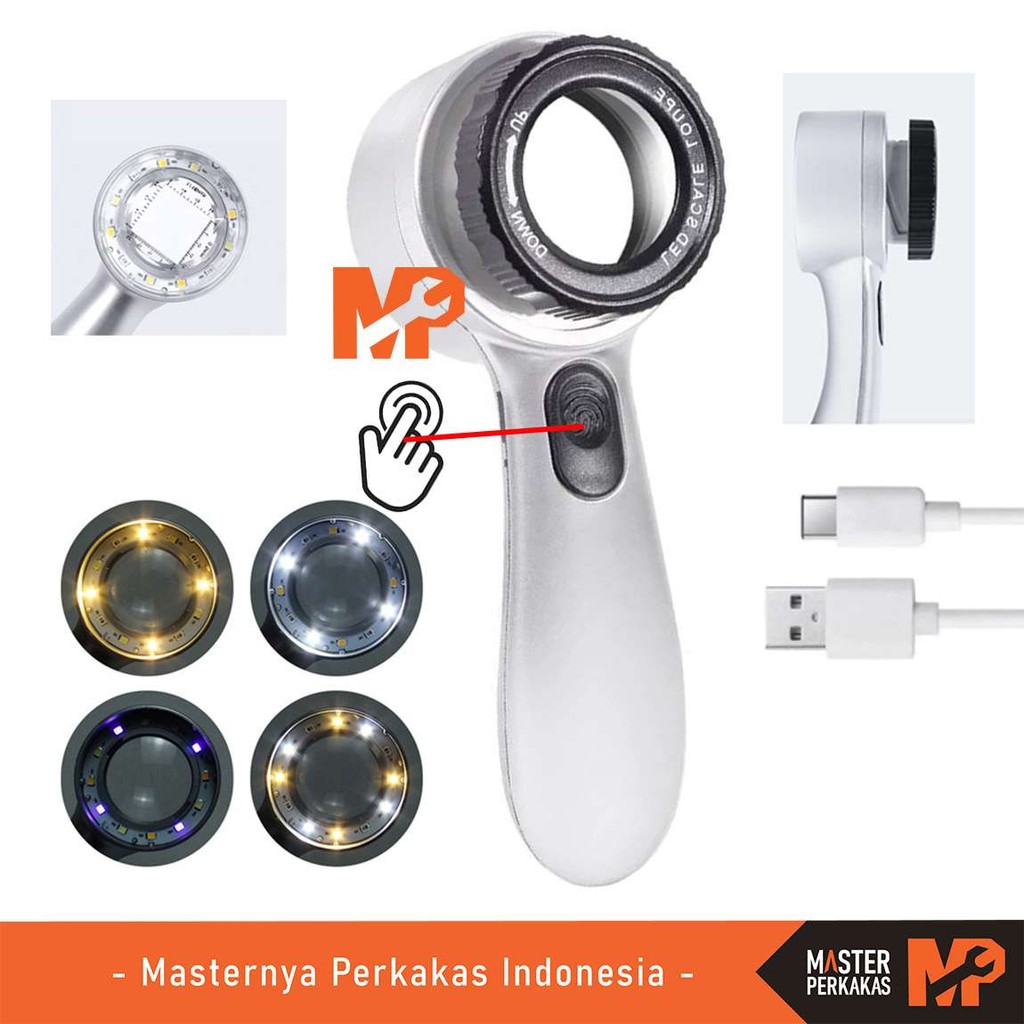 

MP Pembesar Kaca Scale LED UV 30x 35mm E011x / Magnifier Focusing Magnifying Glass LUP Loupe Handheld High Power / Gelas Ultraviolet Lampu Membaca / Lurus Loop Sensor Sentuh Touch