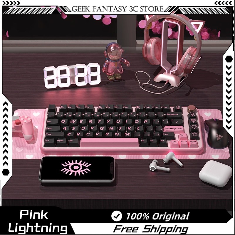 Pink Lightning Themed Black Pink Keycaps 138/158 Keys Cherry Profile Pbt Material Cute And Personali