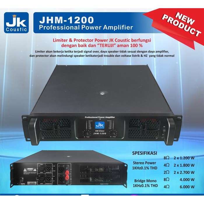 Power 2 Channel Jk Coustic JHM-1200 Power Amplifier 2 x 1200 Watt *