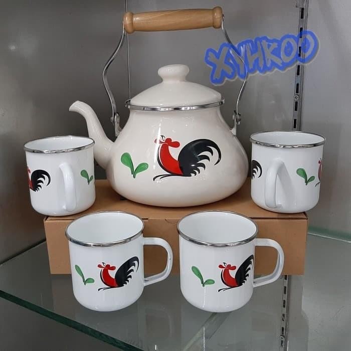 Cerek / Ceret Enamel Teko Enamel Set Ayam Jago + Cangkir Mug Enamel masih ready