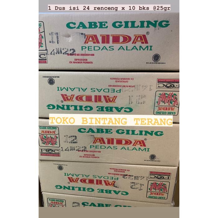 

Bubuk Cabai Cabe Giling Aida 24 renceng x 10 bks @ 25 gr 1 Dus Karton