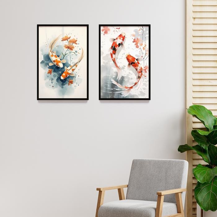 Lukisan Poster Print Ikan Koi Frame Kayu, Dekorasi Dinding Kamar Rumah Kode 660