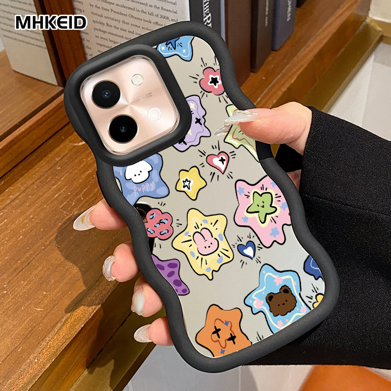 MHKEID Casing Untuk VIVO Y28 2024 Case Casing pola Bintang Kesing HP Kasing Macaron Cesing cermin Si