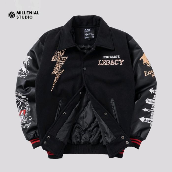 Varsity Jacket Hogwarts Legacy V1 Hitam Harry Potter Jaket Baseball Bordir Unisex Leather Lembut