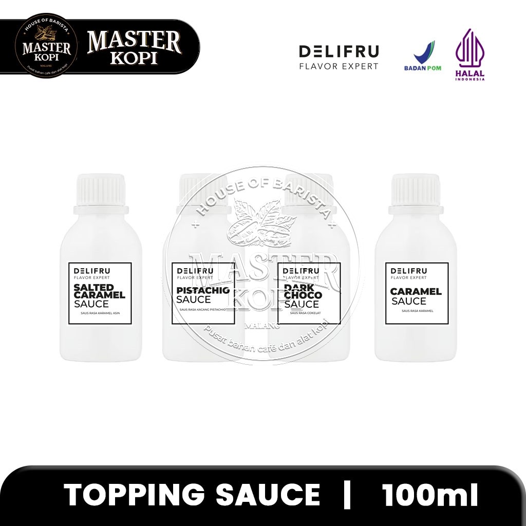 

Topping Minuman DELIFRU Sauce Salted Caramel / Caramel / Dark Coklat / Pistachio Saus Toping - Sample 100ml