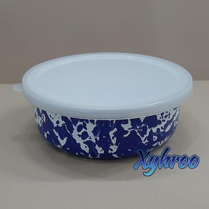 Rantang Bowl Mangkok Enamel 16cm Biru Blirik Loreng Tutup Plastik