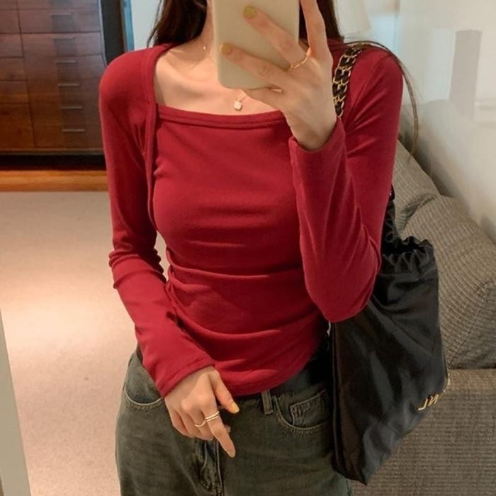 (Allthebest) Crop Top Korea Square Neck Oval Top Lengan Panjang - Kaos Crop Top Lengan Panjang