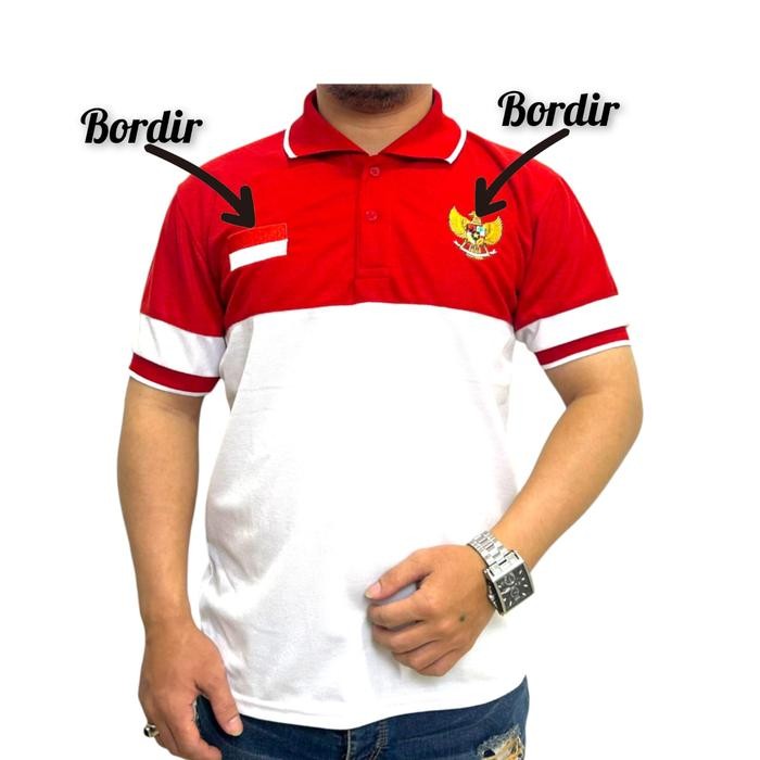(Allthebest) Kaos Merah Putih / Baju Merah Putih Indonesia / Polo Shirt Logo Bordir Garuda