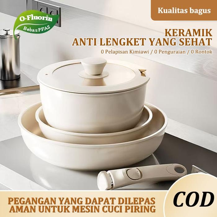 Granit Antilengket Peralatan Masak Dapur Wajan Rumah Tangga Premium Set Gagang Dapat Dilepas Anti