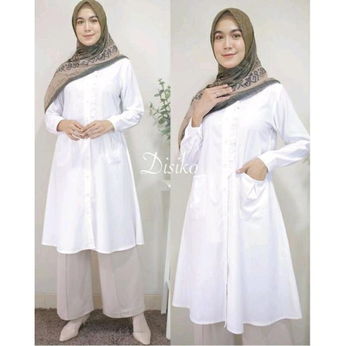 (Allthebest) Lemiya tunik Putih baju atasan wanita Muslim terbaru tunic katun Toyobo polos Panjang