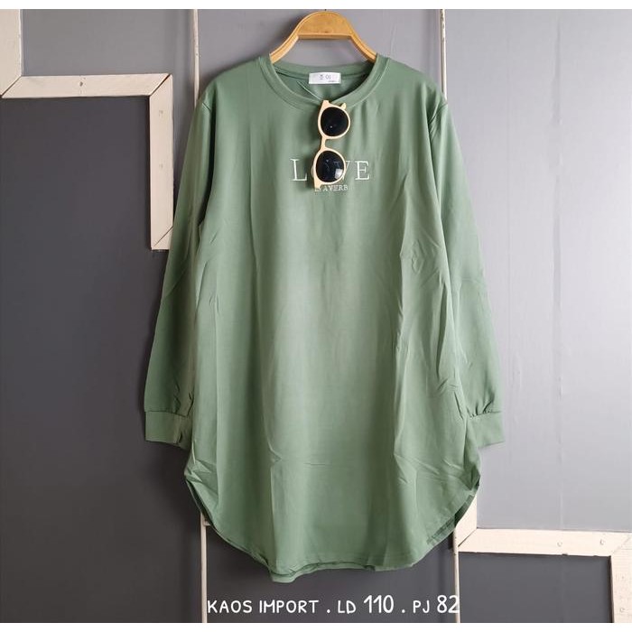 (Allthebest) Atasan Wanita Lengan Panjang Kekinian Love Bo Tunik Kaos Jumbo Ld 130 cm Baju Tunic