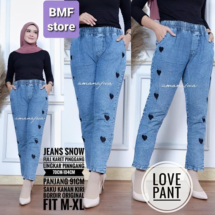 NEW CELANA WANITA BAGGY JEANS LOVE BORDIR ASLI Slim-fitting [terbaik][terlaris]