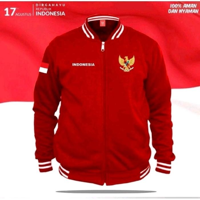 Jaket Varcity Zipper Kemerdekaan Indonesia Logo Garuda Bendera Merah Putih Jaket Basebal Pria