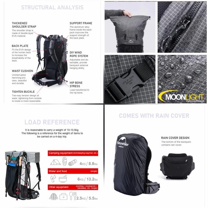 Tas Carrier Rock Series 60L Naturehike Nh19Bp095 Tas Ung Ultralight Original