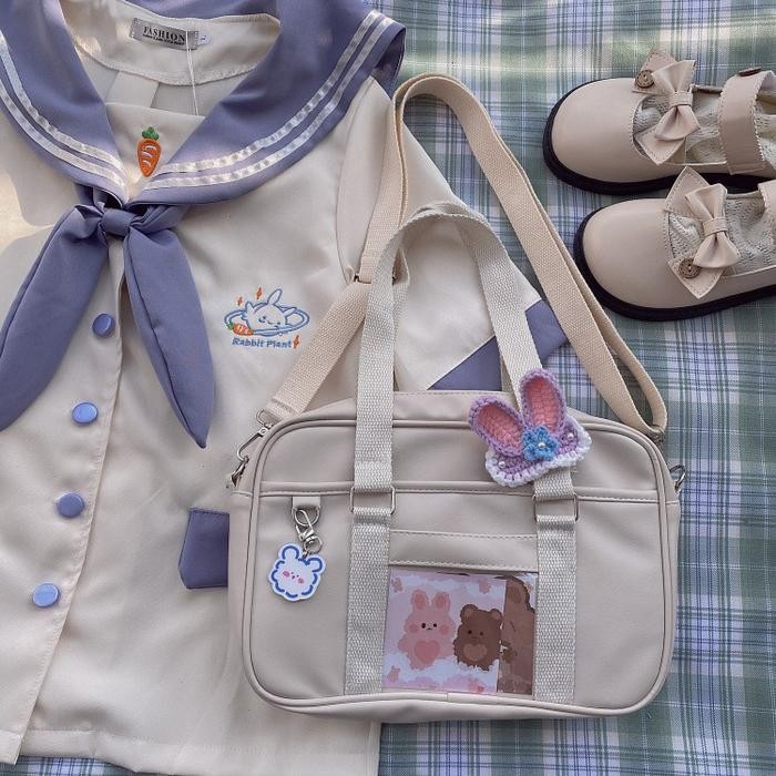 TB-04 tas sekolah jepang selempang wanita import seifuku bag pu leather putih hitam