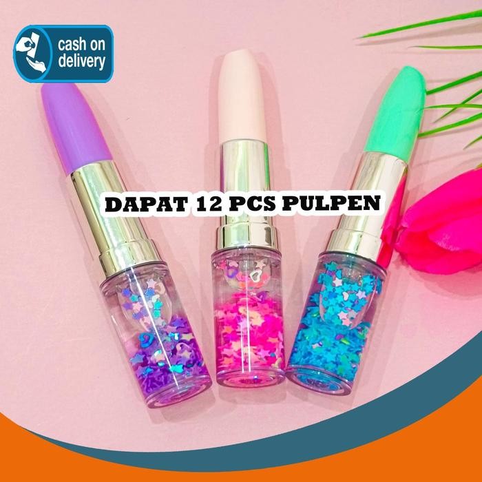 

SELUSIN PULPEN LIPSTIK ISI 12 PCS LUCU PEN GEL BENTUK ALAT MAKE UP BOLPEN GLITTER WARNA ALAT TULIS