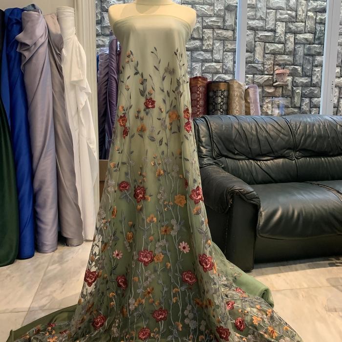 Bahan Kain Kebaya Brokat Tile Embroidery Garden Floral Warna Sage Green Harga Setengah meter