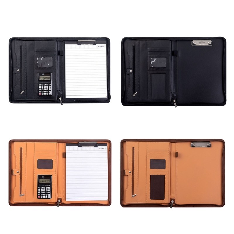 

Zippered Conference Folder Leather Document Organiser Case with Clipboard Multiple Storage Pocket