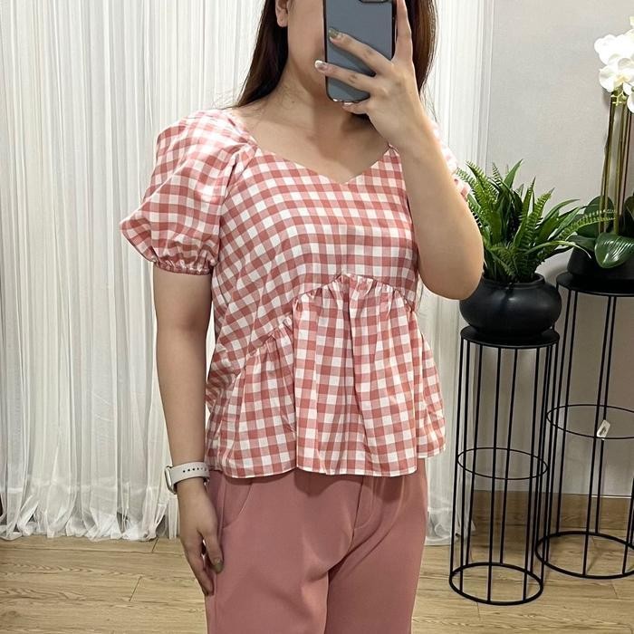 (Expert) (Victoria Wear House) Ara Top Baju Atasan Lengan Balon Puffy Sleeve Motif Kotak-Kotak