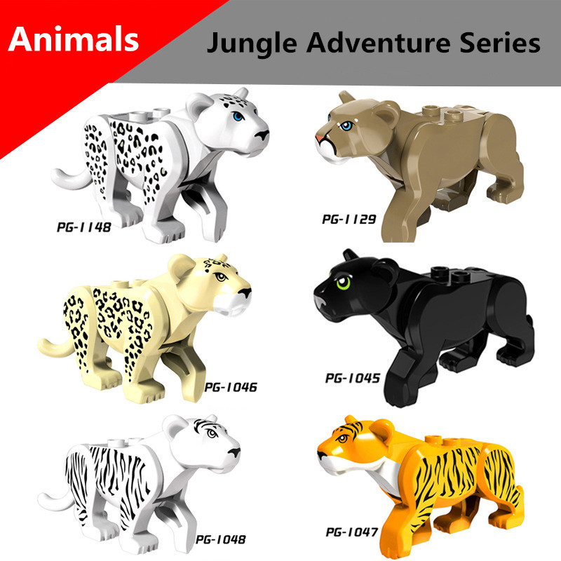 Jungle Animals Series Building Blocks Yellow Tiger White Leopard Wild Cougar Diy Bricks Decor Toys