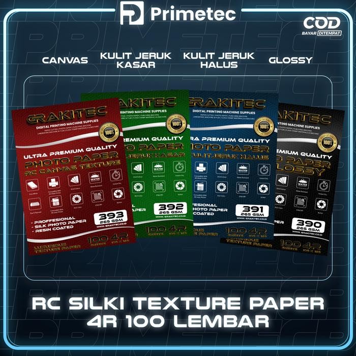 

Kertas Foto Silki RC Photo Paper 265GSM 4R Isi 20 & 100 L Glossy Jeruk Kasar Halus Canvas Primetec