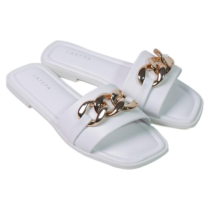 Lapepa Sisilia White Sandal Teplek Selop Wanita Sendal Teplek Hak Rendah Cewek Kekinian Warna Putih