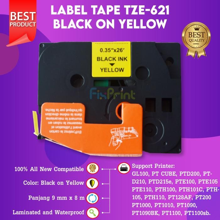 

AT Label Tape Printer TZE-621 9mm Black On Yellow PT-D600 E300VP E550WVP