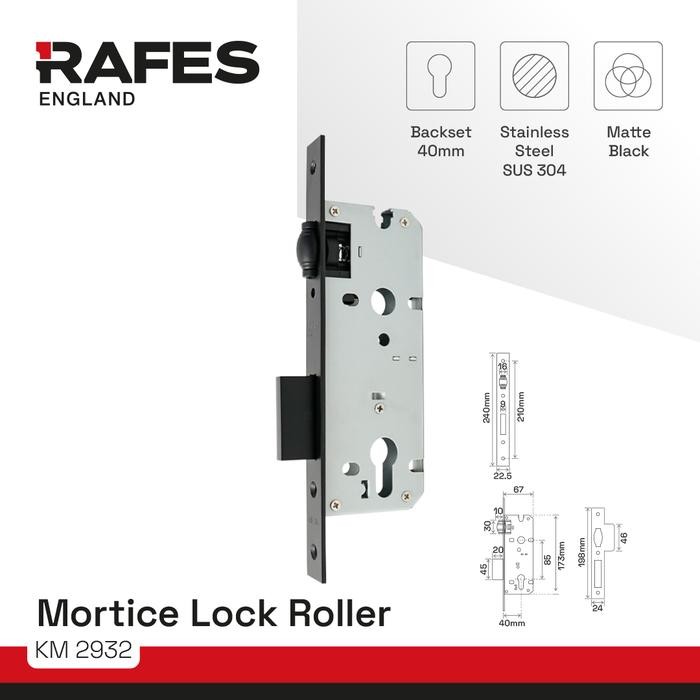 RAFES MORTICE LOCK ROLLER -RAFES BODI KUNCI PELOR - STAINLESS STEEL SUS 304 - MATTE BLACK